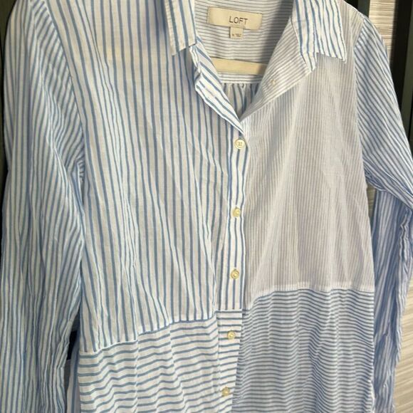 LOFT blue and white striped  cotton long sleeve blouse M lightweight - Picture 4 of 5